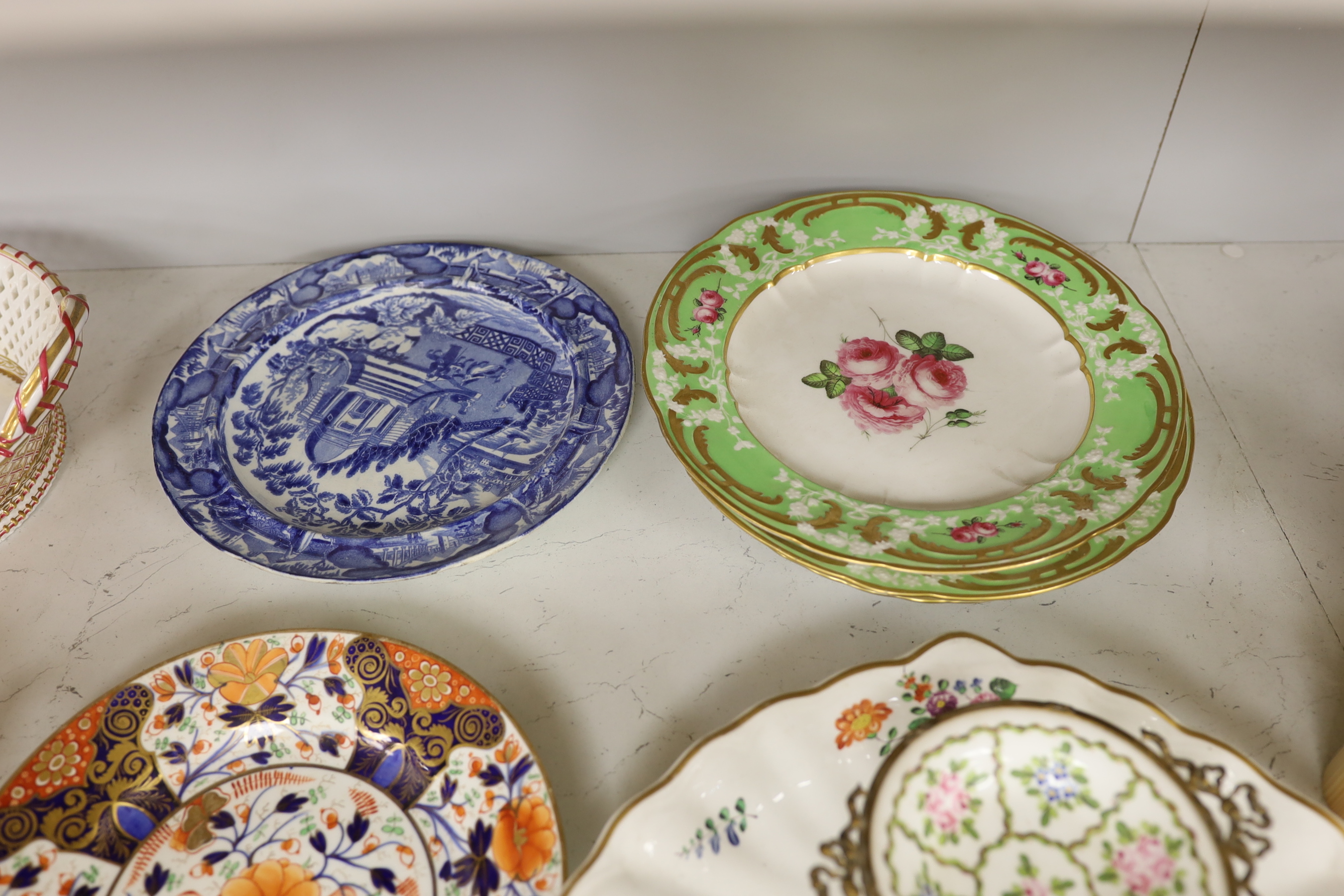 Two Minton baskets, a Herend plate and various 19th century plates and dessert dish (9)